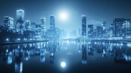 Fototapeta premium glowing cityscape at night with skyscrapers reflecting on calm river under bright moonlight