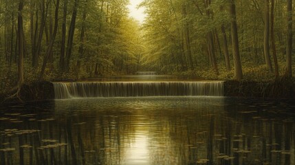 Obraz premium Tranquil Waterfall at the Forest Edge in Golden Hour