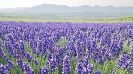 Obraz premium A scenic view of a lavender field with mountains in the background.