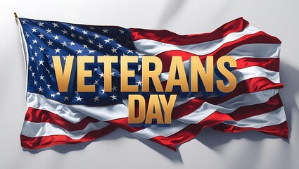 Veterans Day large golden text with USA Flag with a blurred city background