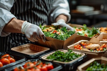 Obraz premium A chef in a striped apron and gloves assembles colorful salads in eco-friendly containers, showcasing fresh vegetables and ingredients in a busy kitchen environment