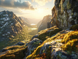 A close-up of a rocky mountain ledge covered with moss and lichen, illuminated by golden sunlight streaming through, creating a serene and natural alpine atmosphere. Generative AI