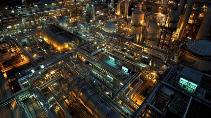 Petrochemical plant showcasing a detailed macro view of control systems connected to reactor vessels and cracking units, illuminated by digital displays and cables.