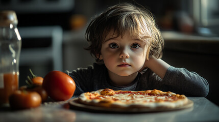 Young child gazing intently at a pizza surrounded by fresh tomatoes in a cozy kitchen setting during afternoon light