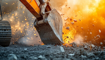 excavator demolishing concrete close up