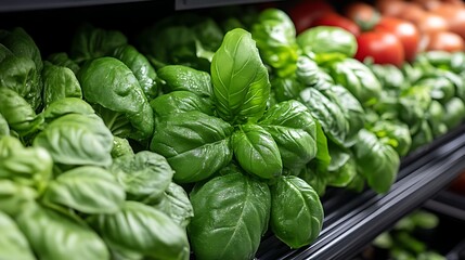 Fresh basil plants on grocery shelf.