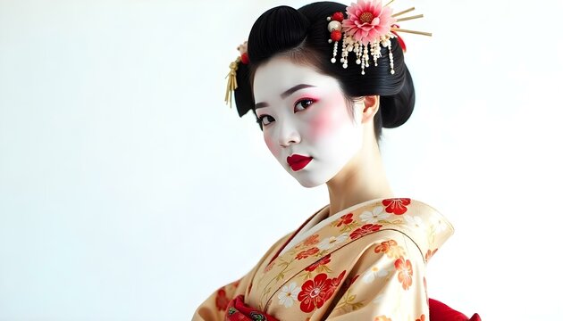 Graceful geisha in vibrant kimono on white background, exuding elegance and tradition.