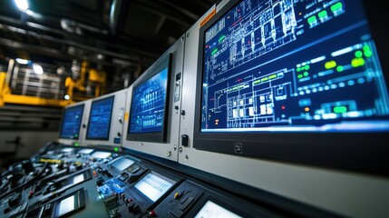 Macro view of control systems regulating reactor vessels and cracking units in a high-tech petrochemical plant, digital monitors glowing.