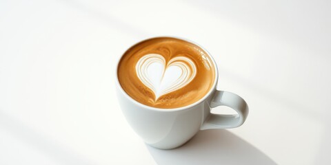 Aromatic Latte with Heart Design in a White Mug on White Background