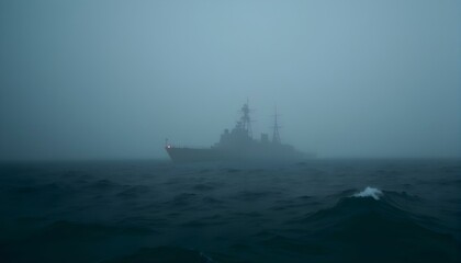 A naval destroyer emerges through fog with faint lights and a churning sea below.