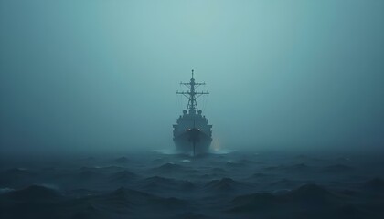 A naval destroyer emerges through fog with faint lights and a churning sea below.