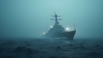 Obraz premium A naval destroyer emerges through fog with faint lights and a churning sea below.