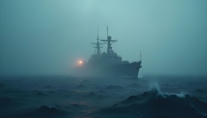 A naval destroyer emerges through fog with faint lights and a churning sea below.