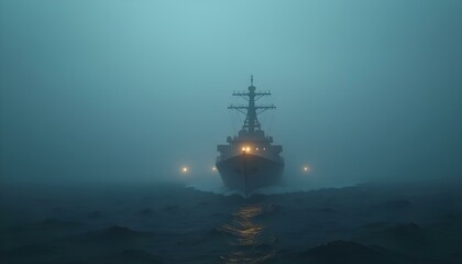 A naval destroyer emerges through fog with faint lights and a churning sea below.
