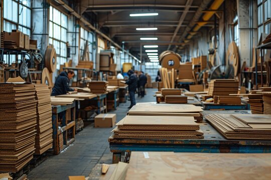 Several workers are focused on tasks related to cardboard production in a large, well-lit manufacturing facility. Stacks of flat cardboard sheets are organized on tables