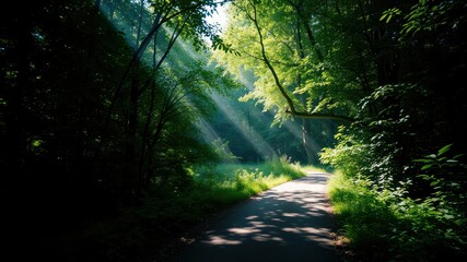 Obraz premium Sunbeams illuminate a tranquil pathway winding through a lush green forest