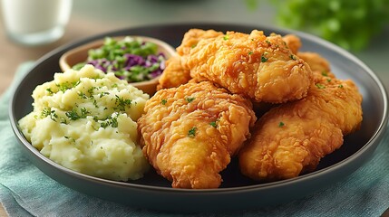 Crispy fried fish fillets served with mashed potatoes and coleslaw.