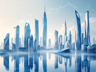 Obraz premium Futuristic cityscape with skyscrapers reflecting in water at dusk, showcasing advanced technology.