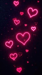 neon hearts on a dark background, smartphone screensaver, greeting card