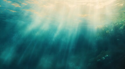 Underwater Light Filtering Through the Ocean Surface Creates a Serene and Tranquil Atmosphere in a Deep Blue Environment