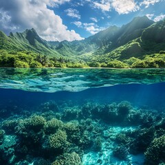 Stunning Contrasting Landscape of Vibrant Coral Reefs and Lush Mountains in Clear Tropical Waters at Midday