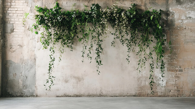 rustic backdrop featuring lush greenery and floral elements against textured wall, perfect for events