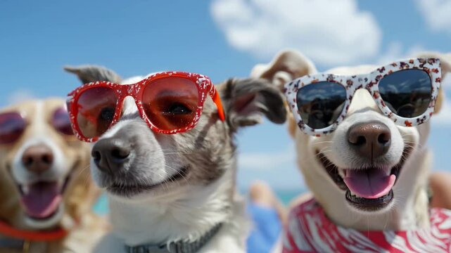 Chiens avec des lunettes de soleil &agrave; la plage. Dogs with sunglasses at beach.