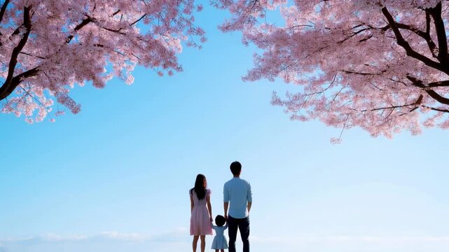 Famille asiatique de dos entre deux cerisiers avec un beau ciel bleu. Asian family from behind between two cherry trees with a beautiful blue sky.