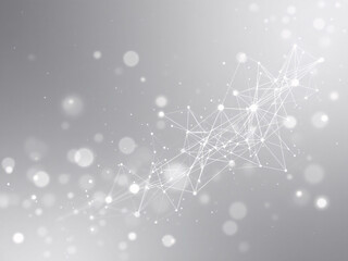 Abstract network of glowing dots and lines on a grey background, representing digital connections.