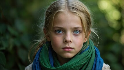 Close-up portrait of a young girl with striking blue eyes, wearing a green and blue scarf, surrounded by a lush natural background.  
