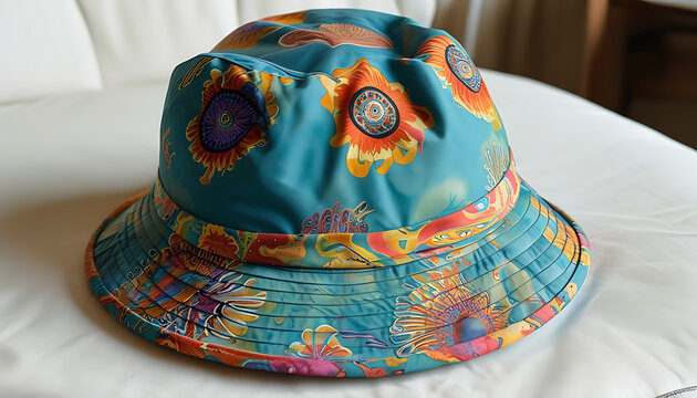 vibrant 1960s style bucket hat featuring colorful floral patterns and unique design. Perfect for adding retro touch to any outfit - Powered by Adobe