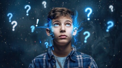 Naklejka premium Boy with glowing question marks above his head, contemplating.