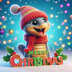 Fototapeta premium beautiful snake in a winter hat and scarf on the background of New Year decorations, big balls, New Year mood, 