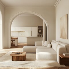 Minimalist Interior Design of a Sunlit Living Room Showcasing a Modern Sofa and Open Kitchen Area With Neutral Tones and Natural Light