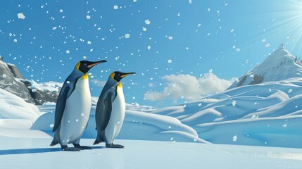 Fototapeta premium Two king penguins on snowy landscape.