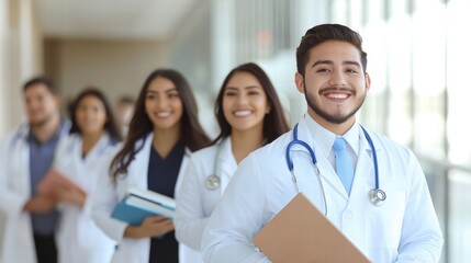 Confident Medical Team: A diverse group of smiling doctors and medical students confidently striding forward, symbolizing healthcare, professionalism, and teamwork.