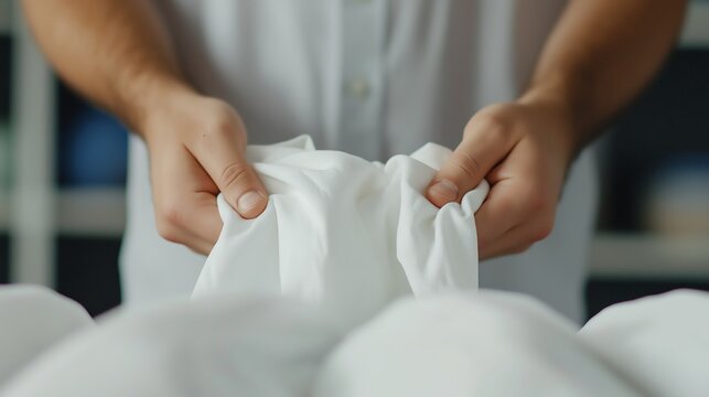 A close-up view of hands gently folding a white fabric, showcasing the care and attention in handling linens or clothing, evoking a sense of cleanliness and order in daily routines