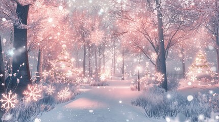 Enchanted Winter Wonderland with Soft Pastel Lights and Snowflakes Creating a Merry Christmas Atmosphere