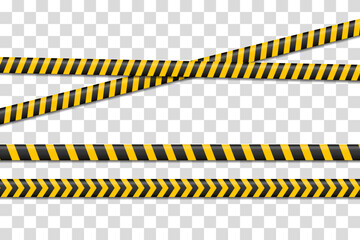 Set of danger caution seamless tapes. Police warning line. Danger or hazard stripe. Warning label, warning tape, danger signs vector. Creative vector illustration of black and yellow police stripe
