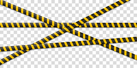 Realistic yellow barricade tape. Police danger warning line. Concept graphic element. Construction sign. Set of danger caution seamless tapes. Creative vector illustration of stripe border
