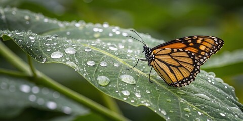 Obraz premium Butterfly resting on dew-covered green leaf