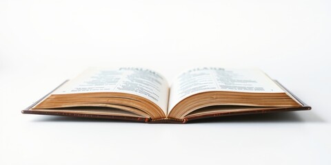 Open book with aged pages on a white background, showcasing detailed text and a brown leather cover