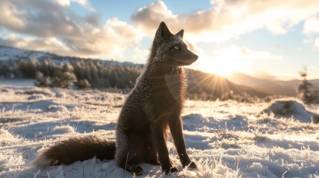 Silver fox sitting in snowy mountain landscape at sunset.