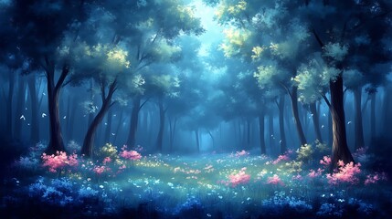 Mystical blue forest path with flowers.