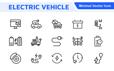 Electric Vehicle and Car Icon Set. A modern collection of icons showcasing electric transportation, perfect for enhancing automotive apps, websites, and sustainability initiatives.