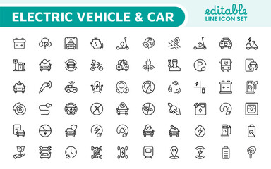Electric Vehicle and Car Icon Set. A modern collection of icons showcasing electric transportation, perfect for enhancing automotive apps, websites, and sustainability initiatives.