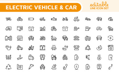 Electric Vehicle and Car Icon Set. A modern collection of icons showcasing electric transportation, perfect for enhancing automotive apps, websites, and sustainability initiatives.