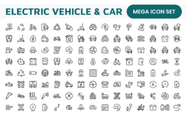 Electric Vehicle and Car Icon Set. A modern collection of icons showcasing electric transportation, perfect for enhancing automotive apps, websites, and sustainability initiatives.