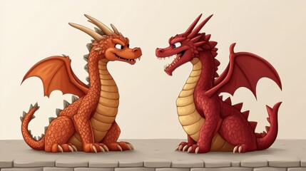 Two cartoon dragons facing each other.