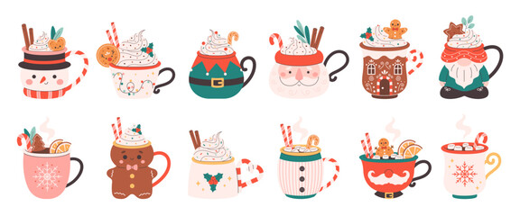 Collection of holiday hot drinks in cute mugs. Creamy coffee, hot chocolate, hot cocoa. Christmas drinks with festive toppings. Vector illustration in flat style